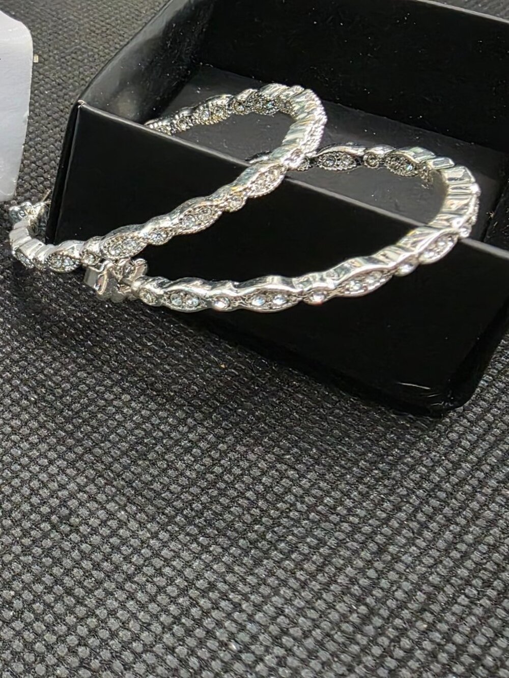 Enchanting Hoop Earrings Silvertone Wave Textured Rhinestone Crystal Hoops